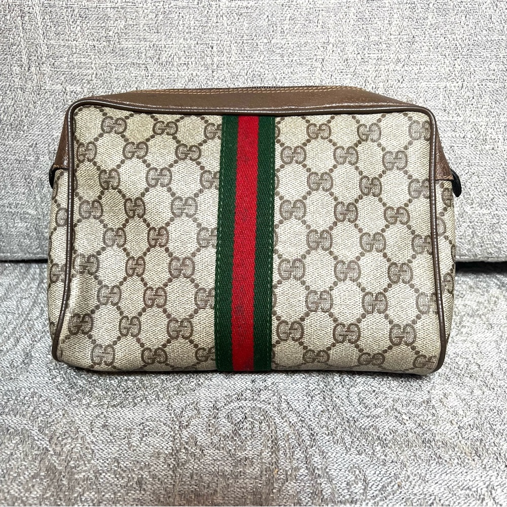 ✨Vintage GUCCI GG Canvas Web Sherry Line Clutch Bag RED GREEN STRIPE Aut…